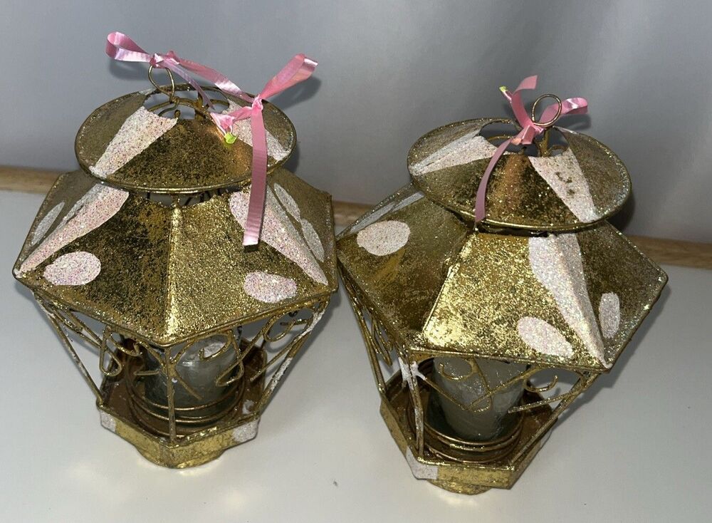 2 Romantic Candle Gold Metal Lantern Decorative Unbranded Suitable LED Candles